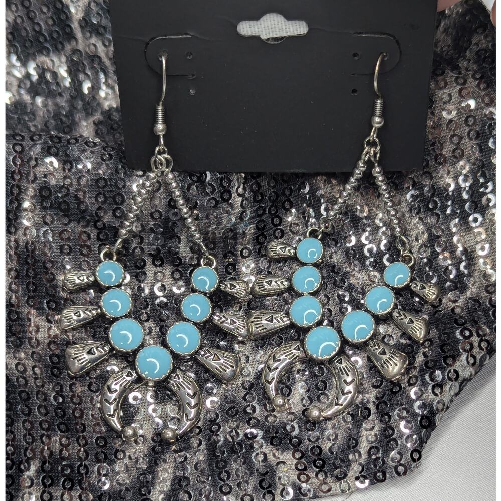 nOir Turquoise Squash Blossom Dangle Earrings - Picture 2 of 4